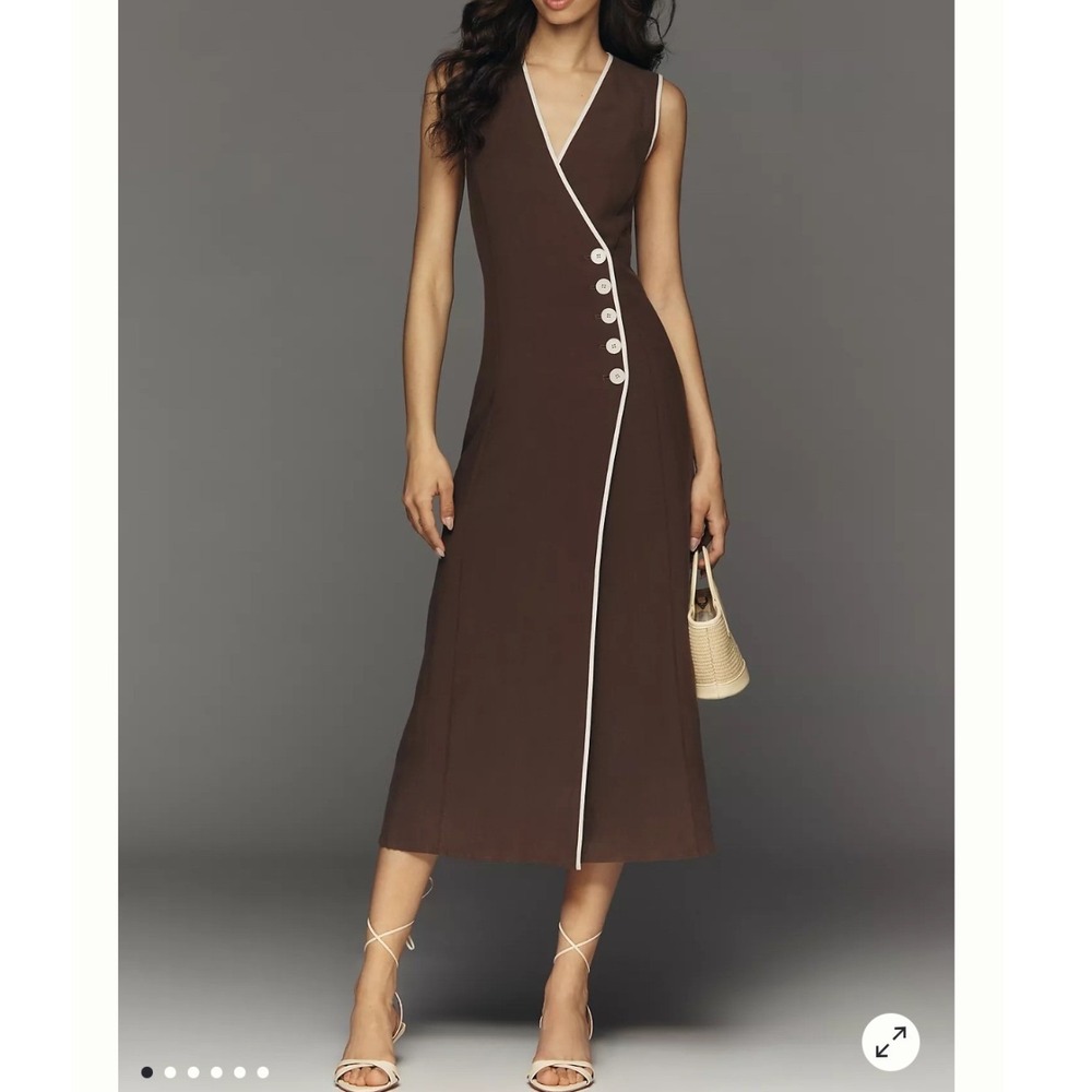 Mare Mare Anthropologie Linen Midi Dress Womens SP Brown Asymmetric NWT Piping